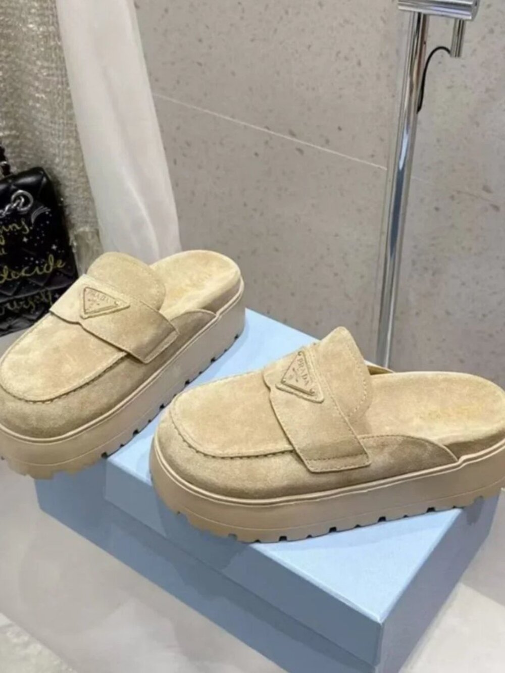 Prada Beige Suede Platform Mule Slides - Picture 4 of 5